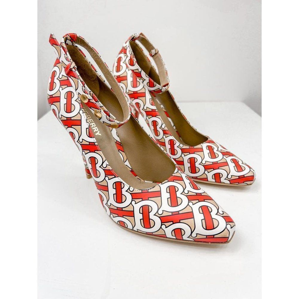 NWT BURBERRY Runway Red & Beige TB Monogram Logomania Ankle Strap Pumps … - Picture 7 of 13